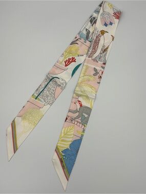 Hermes Precious Paradise Twilly Scarf White Pink Birds Monkey Floral